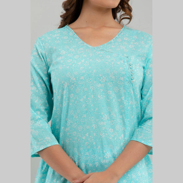 Women Sky Blue Floral Print Straight Kurta (SHKUP1214)