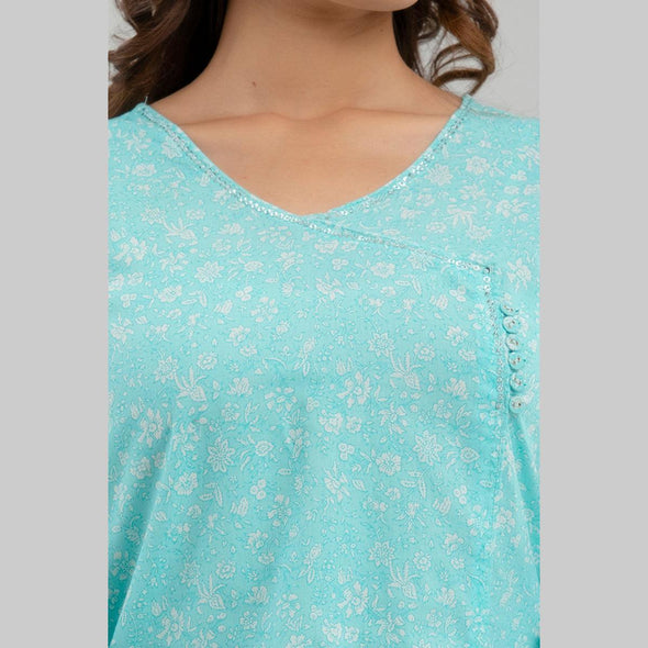 Women Sky Blue Floral Print Straight Kurta (SHKUP1214)
