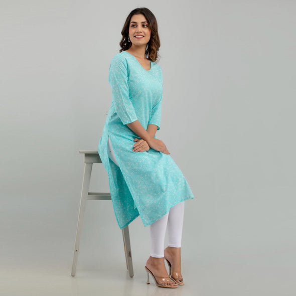 Women Sky Blue Floral Print Straight Kurta (SHKUP1214)