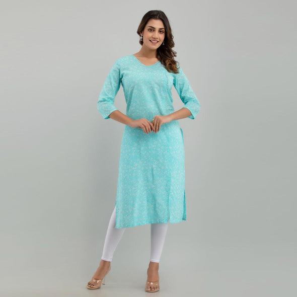 Women Sky Blue Floral Print Straight Kurta (SHKUP1214)