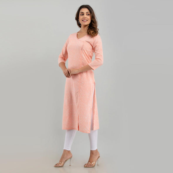 Women Peach Floral Print Straight Kurta (SHKUP1216)