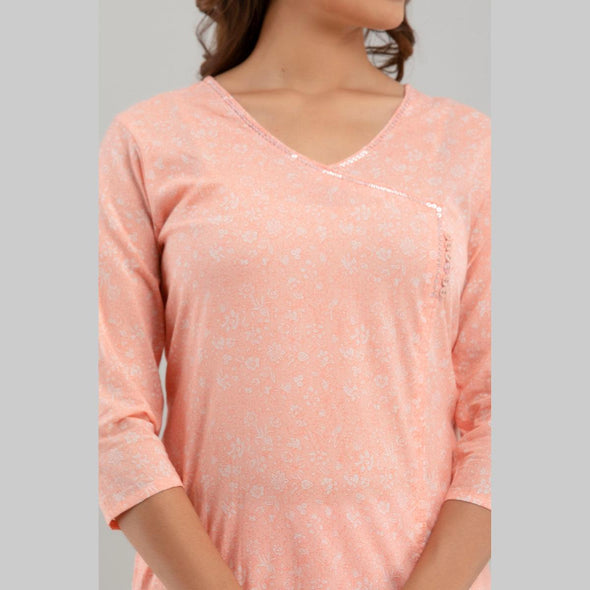Women Peach Floral Print Straight Kurta (SHKUP1216)