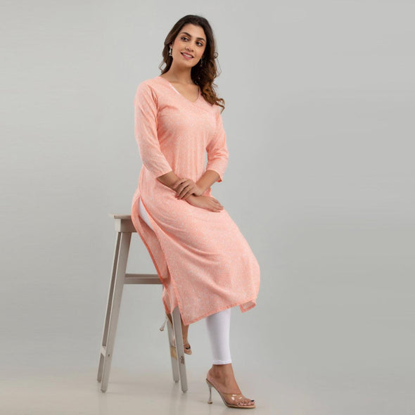 Women Peach Floral Print Straight Kurta (SHKUP1216)