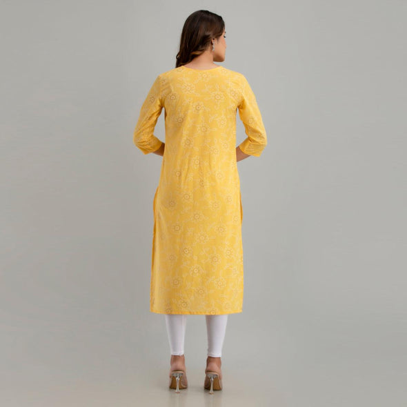 Women Yellow Floral Print Straight Kurta (SHKUP1217) - Frionkandy