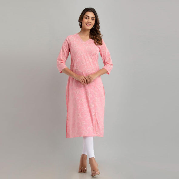 Women Pink Floral Print Straight Kurta (SHKUP1218)