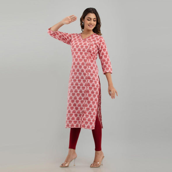 Women Pink Floral Print Straight Kurta (SHKUP1219) - Frionkandy