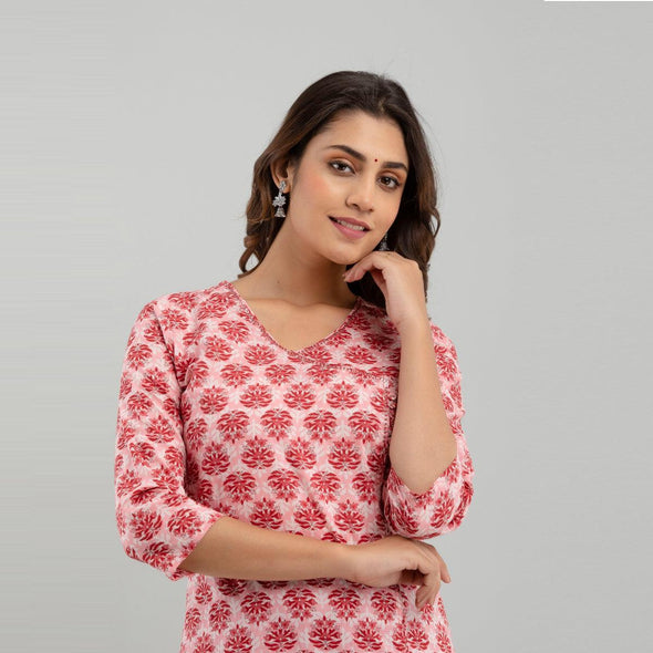 Women Pink Floral Print Straight Kurta (SHKUP1219)