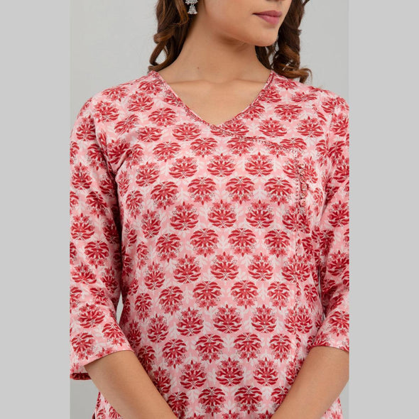 Women Pink Floral Print Straight Kurta (SHKUP1219) - Frionkandy