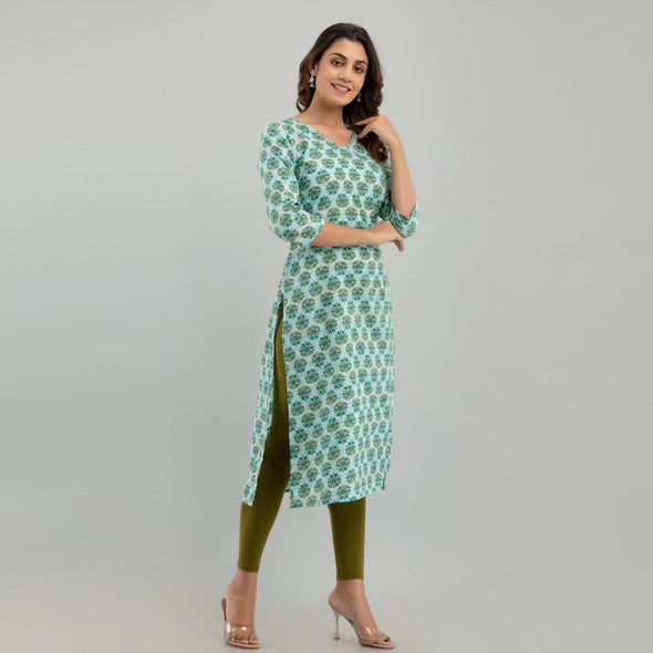 Women Sea Green Floral Print Straight Kurta (SHKUP1220)