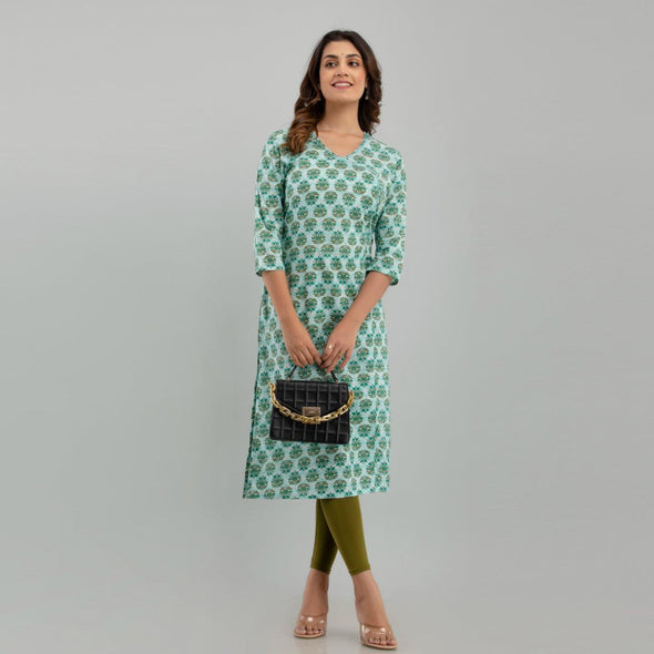 Women Sea Green Floral Print Straight Kurta (SHKUP1220)