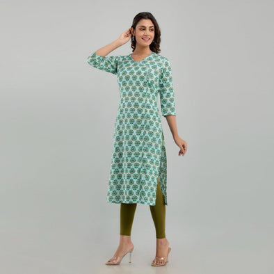 Women Sea Green Floral Print Straight Kurta (SHKUP1220) - Frionkandy