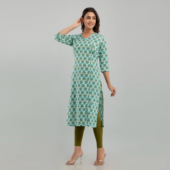 Women Sea Green Floral Print Straight Kurta (SHKUP1220)