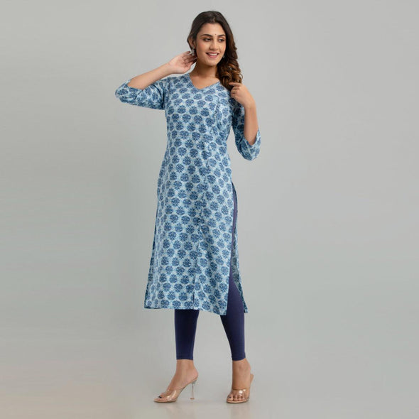 Women Light Blue Floral Print Straight Kurta (SHKUP1221)