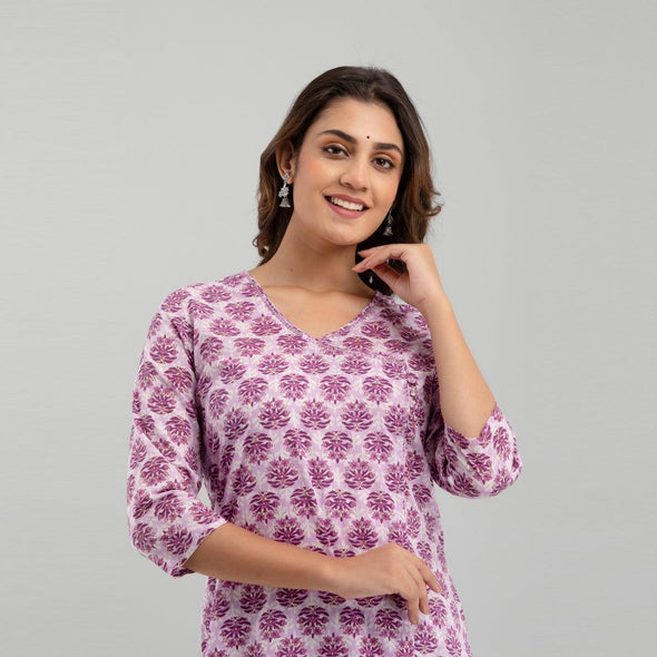 Women Purple Floral Print Straight Kurta (SHKUP1222)