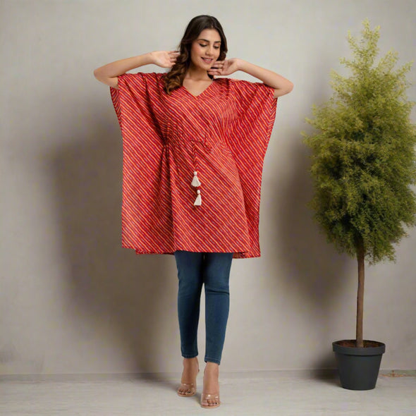 Red Leheriya Print Cotton Kaftan Dress (SHKUP1223)