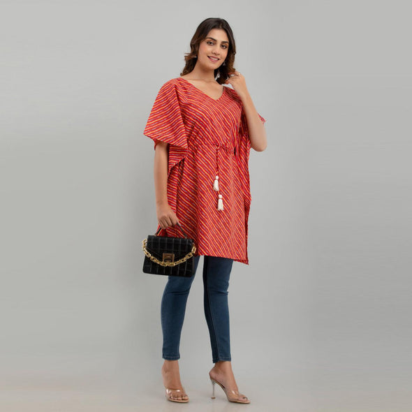 Red Leheriya Print Cotton Kaftan Dress (SHKUP1223)