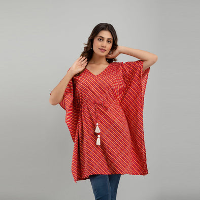 Red Leheriya Print Cotton Kaftan Dress (SHKUP1223) - Frionkandy