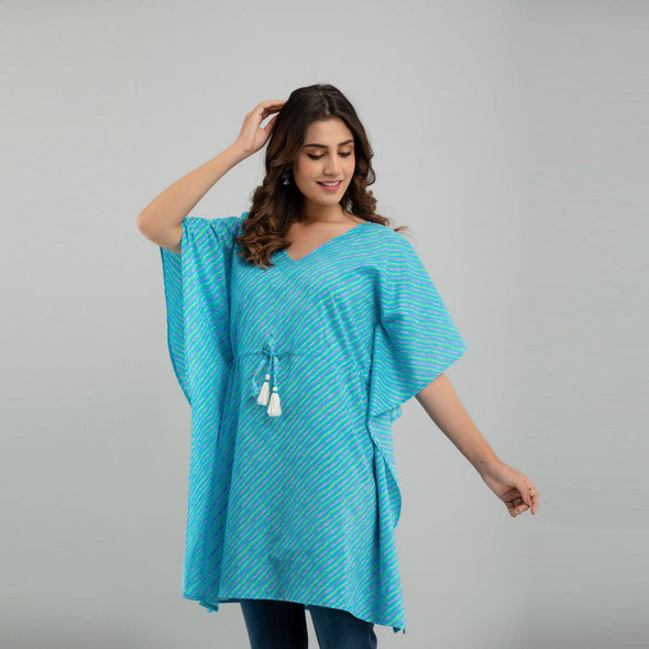 Light Blue Leheriya Print Cotton Kaftan Dress (SHKUP1224)