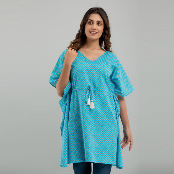 Light Blue Leheriya Print Cotton Kaftan Dress (SHKUP1224)