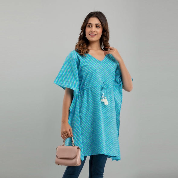 Light Blue Leheriya Print Cotton Kaftan Dress (SHKUP1224) - Frionkandy