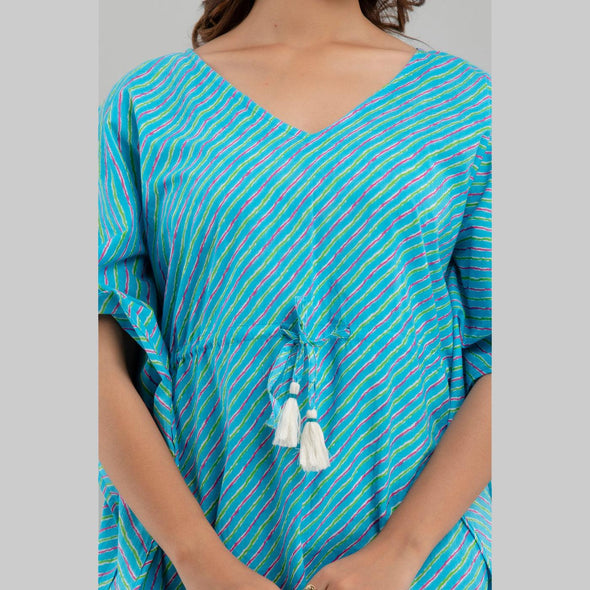 Light Blue Leheriya Print Cotton Kaftan Dress (SHKUP1224)