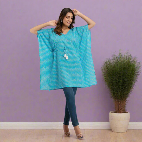 Light Blue Leheriya Print Cotton Kaftan Dress (SHKUP1224)