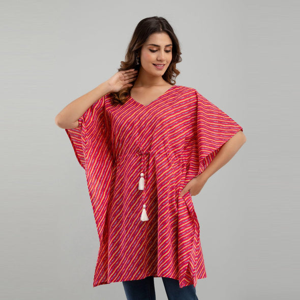 Pink Leheriya Print Cotton Kaftan Dress (SHKUP1225)