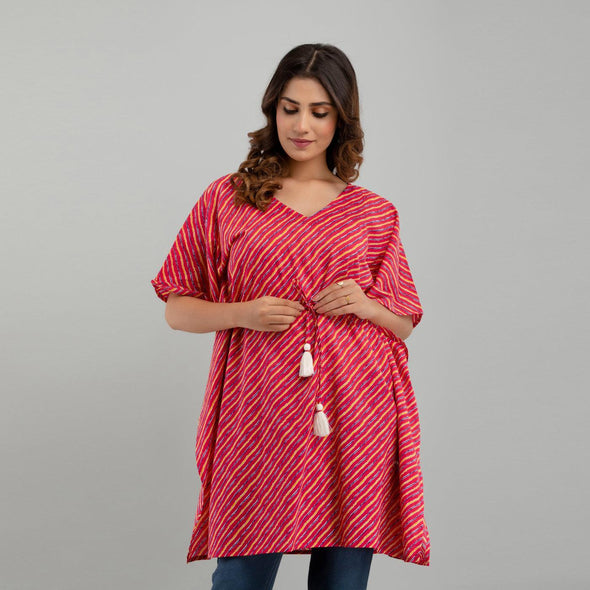 Pink Leheriya Print Cotton Kaftan Dress (SHKUP1225)