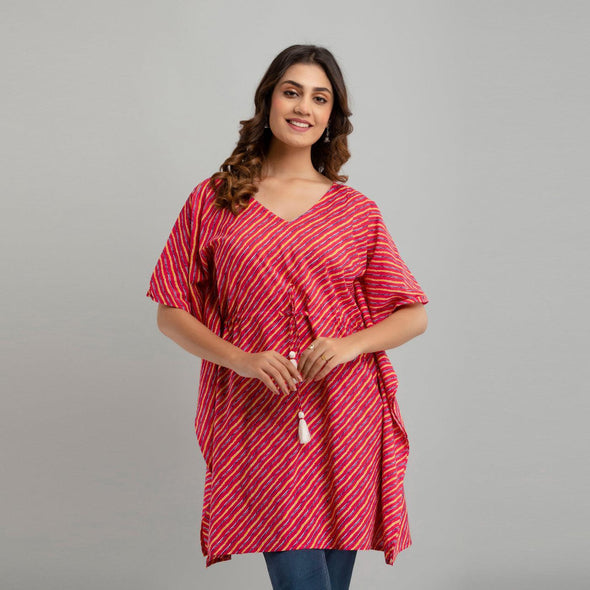 Pink Leheriya Print Cotton Kaftan Dress (SHKUP1225) - Frionkandy