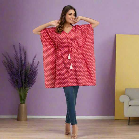 Pink Leheriya Print Cotton Kaftan Dress (SHKUP1225)