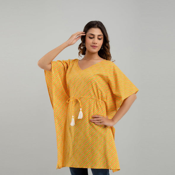 Yellow Leheriya Print Cotton Kaftan Dress (SHKUP1226)