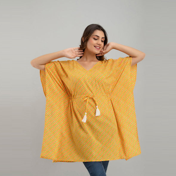 Yellow Leheriya Print Cotton Kaftan Dress (SHKUP1226)