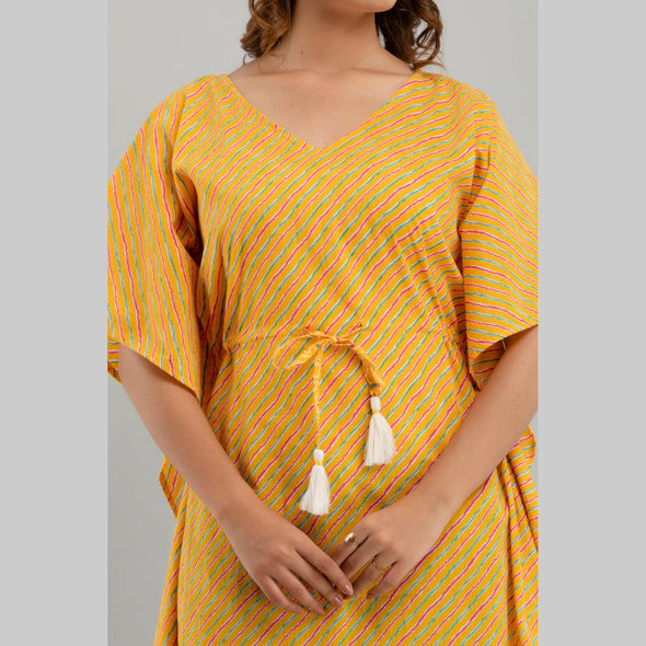 Yellow Leheriya Print Cotton Kaftan Dress (SHKUP1226)