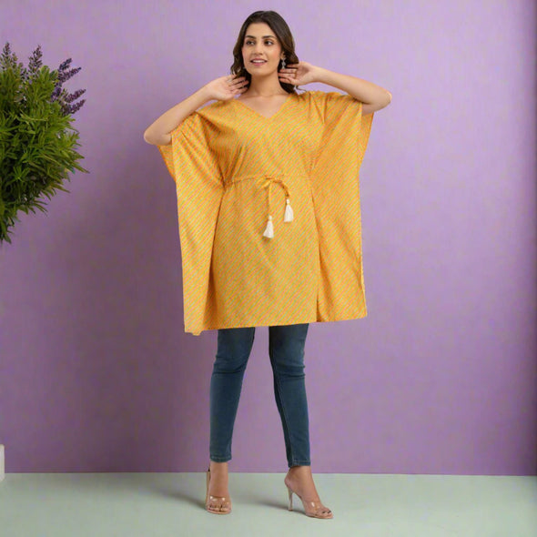 Yellow Leheriya Print Cotton Kaftan Dress (SHKUP1226)