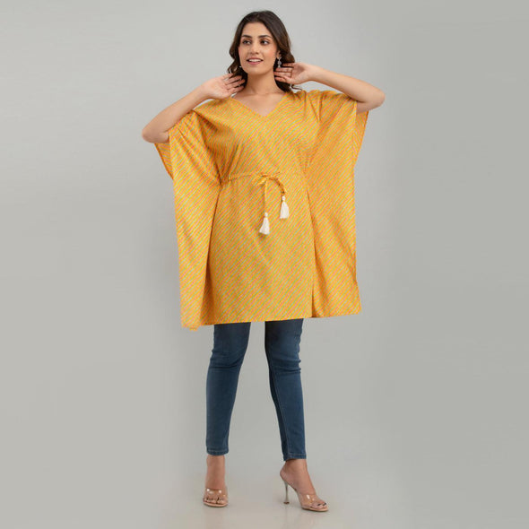 Yellow Leheriya Print Cotton Kaftan Dress (SHKUP1226)