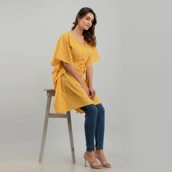 Yellow Leheriya Print Cotton Kaftan Dress (SHKUP1226)