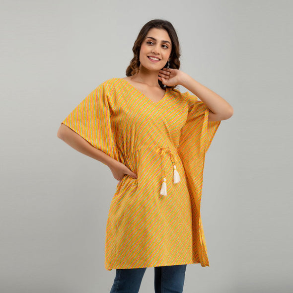 Yellow Leheriya Print Cotton Kaftan Dress (SHKUP1226)