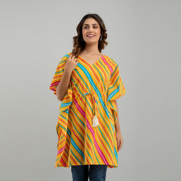 Yellow Leheriya Print Cotton Kaftan Dress (SHKUP1227)