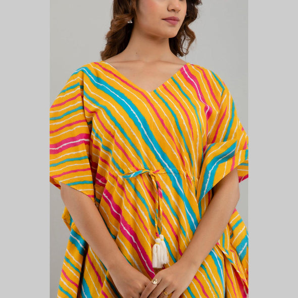 Yellow Leheriya Print Cotton Kaftan Dress (SHKUP1227)