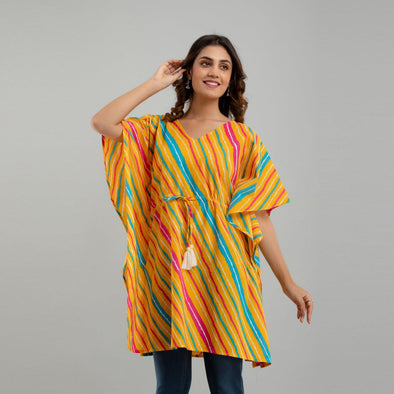 Yellow Leheriya Print Cotton Kaftan Dress (SHKUP1227) - Frionkandy