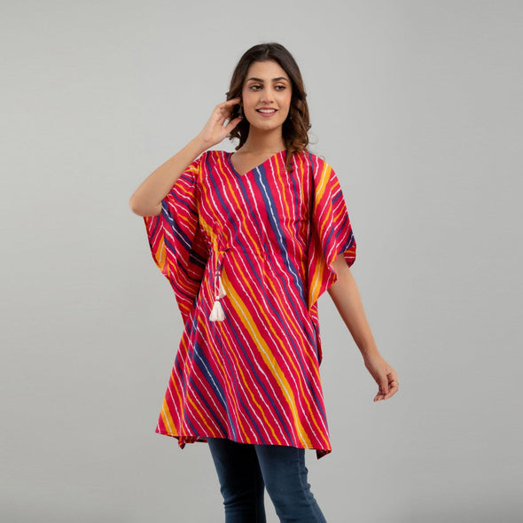 Pink Leheriya Print Cotton Kaftan Dress (SHKUP1228)