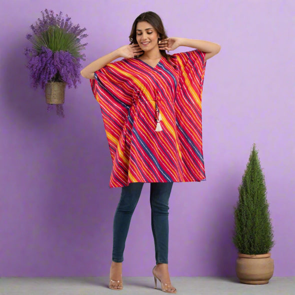 Pink Leheriya Print Cotton Kaftan Dress (SHKUP1228)