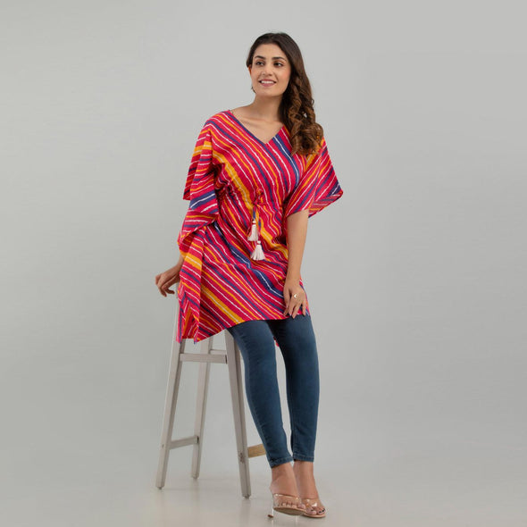 Pink Leheriya Print Cotton Kaftan Dress (SHKUP1228)