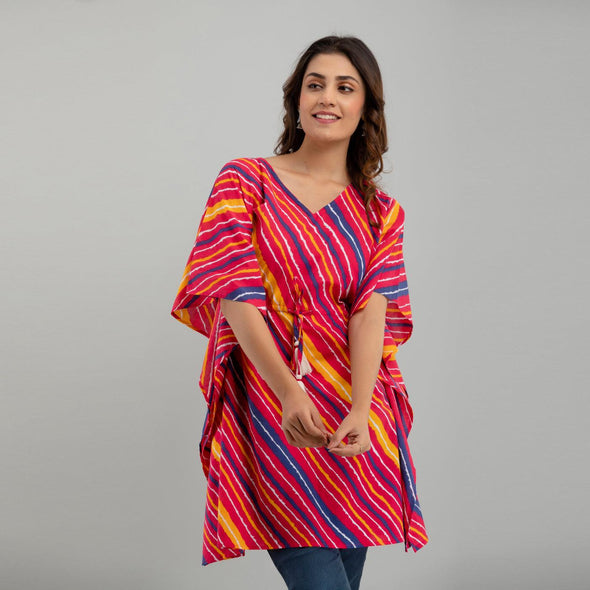 Pink Leheriya Print Cotton Kaftan Dress (SHKUP1228)