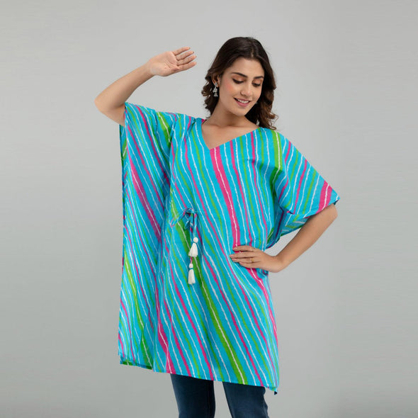 Light Blue Leheriya Print Cotton Kaftan Dress (SHKUP1229)