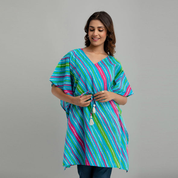 Light Blue Leheriya Print Cotton Kaftan Dress (SHKUP1229)