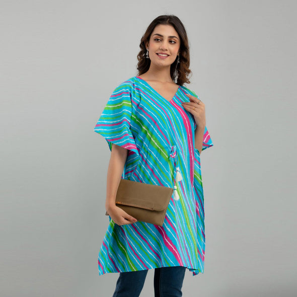 Light Blue Leheriya Print Cotton Kaftan Dress (SHKUP1229)