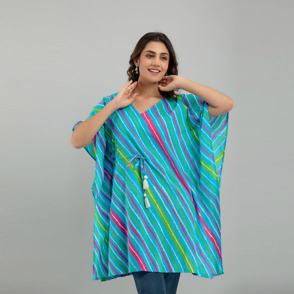 Light Blue Leheriya Print Cotton Kaftan Dress (SHKUP1229)