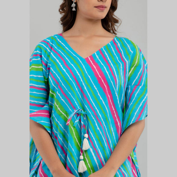 Light Blue Leheriya Print Cotton Kaftan Dress (SHKUP1229)