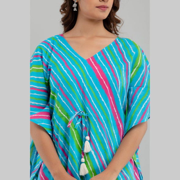 Light Blue Leheriya Print Cotton Kaftan Dress (SHKUP1229) - Frionkandy